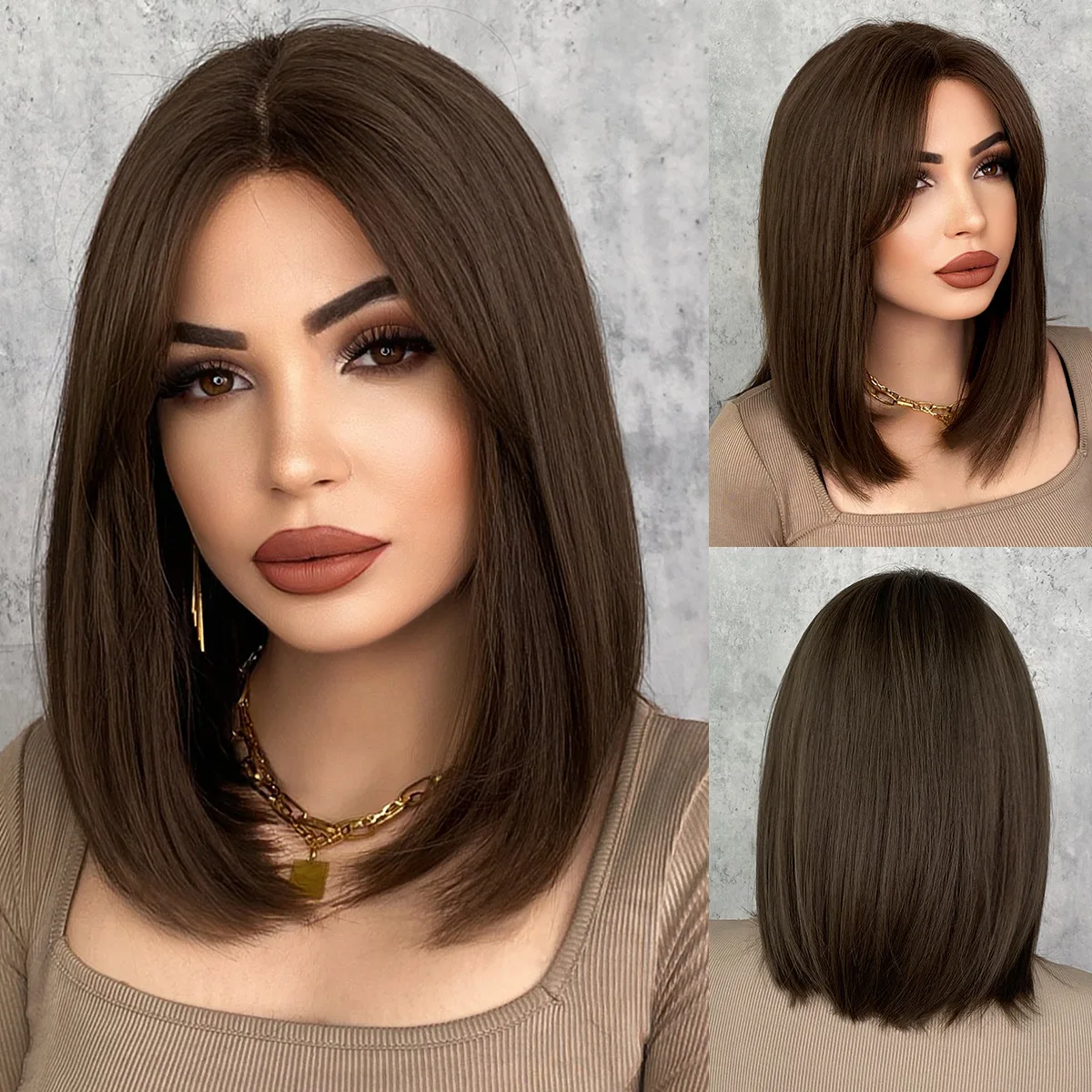 small T front lacewig synthetic fiber full head cover brown short straight hair center cut Bob Lace Wigs