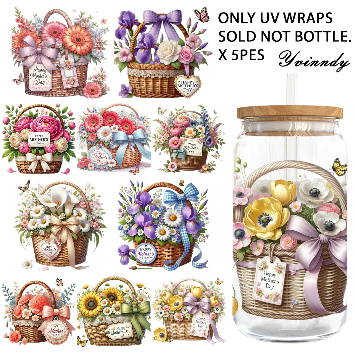 5 Stück/Set mit 16OZ UV-DTF-Designs zum Muttertag mit Blumen und Blumenkörben, geeignet für Tassendekoration, Geschenkherstellung (ohne Tasse)