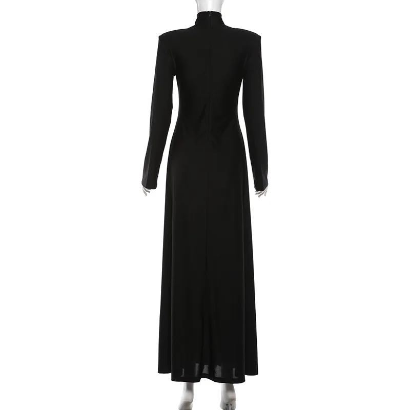 Chic Black A-line Maxi Party Dress Women Elegant Turtleneck Full Sleeve Slim Shiny Prom Birthday Outfits Long Robe Streetwear