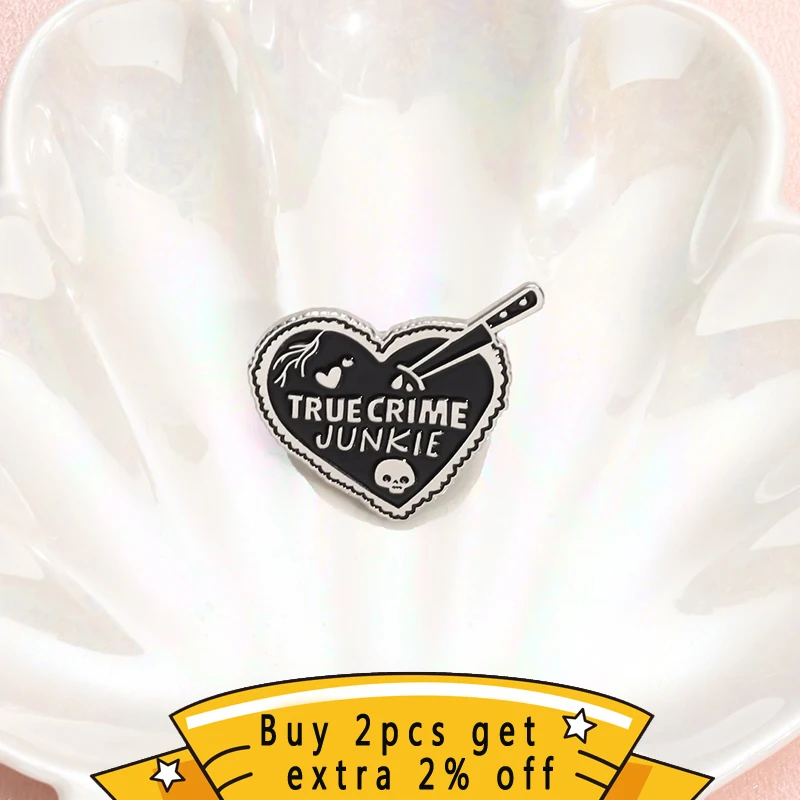 True Crime Junkie Enamel Pin Halloween Gothic Dagger Stabs Into The Heart Brooch Lapel Badge Shirt  Punk Jewelry Gift For Friend