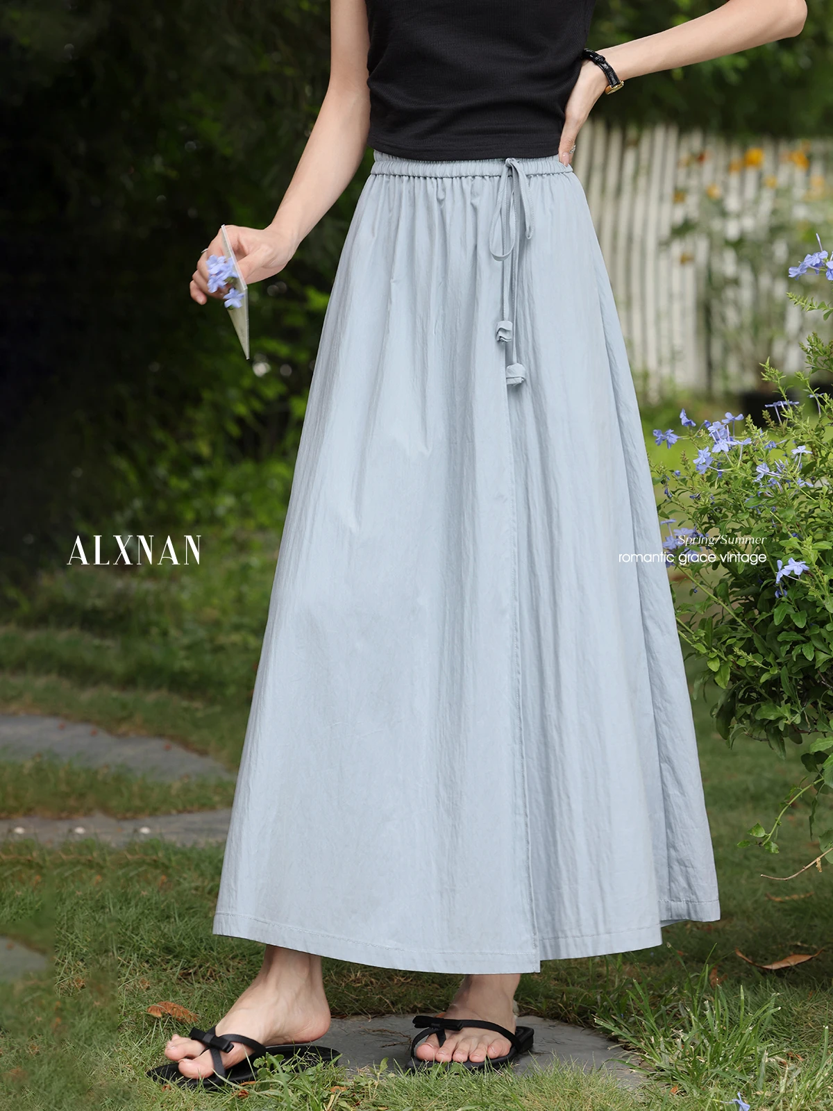 

ALXNAN Women's Long Culottes Blue Elegant Loose-fit Casual Office Lady Skirt Pants 2025 Summer Wide-leg Female Clothing L55885