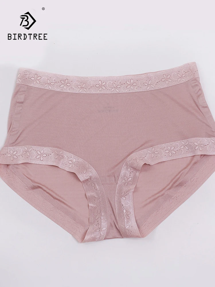 Birdtree 100%Mulberry Silk Briefs seamless Breathable Comfortable Underwear Flat Angle Hot Melt Panties Lace Bag Hip P37644QC