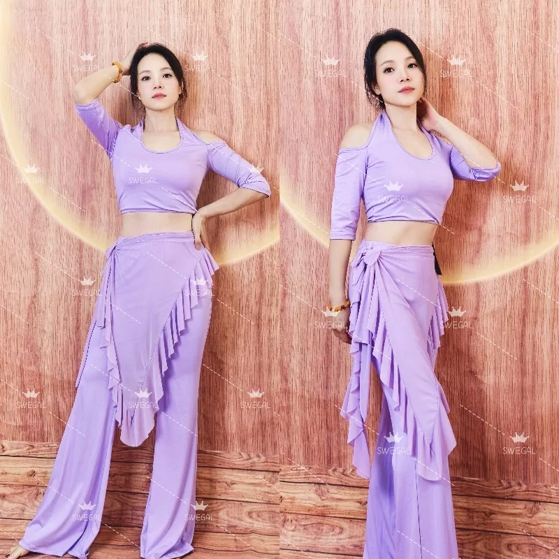 Costumes de danse du ventre personnalisés, vêtements d'entraînement, modal, épaules dénudées, haut à col suspendu, pantalons légèrement évasés, vêtements de danse