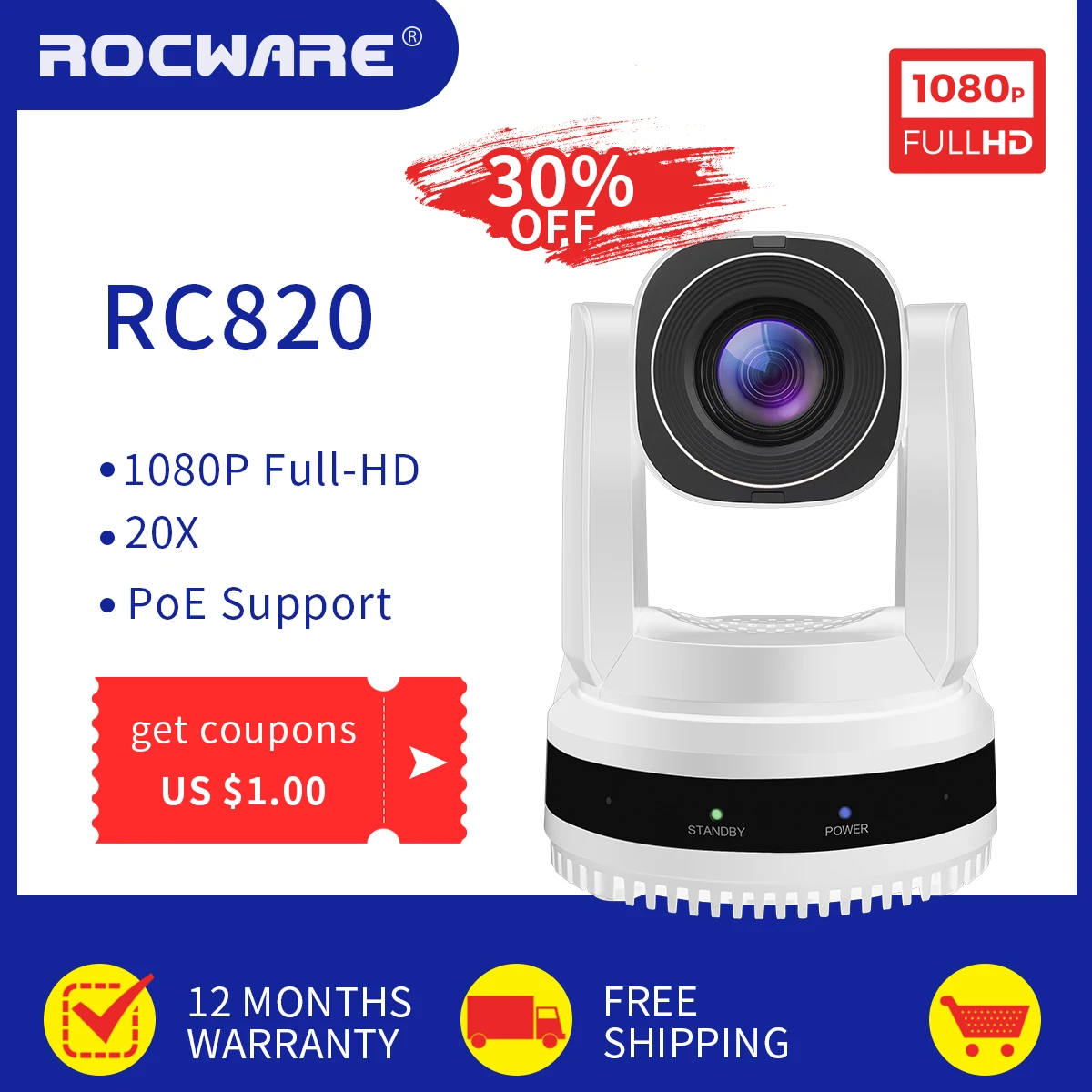 ROCWARE RC820-W  1080P Full HD 20X  3G-SDI,NDI HX , LAN(POE)PTZ Conference Camera