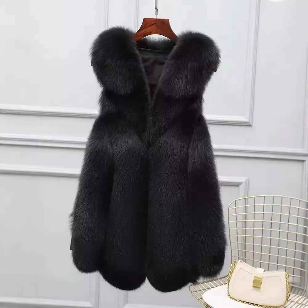 

2025 Women Winter Imitation Fox Fur Vest Pure Colo Mid-Length Female Fluffy Vest Grace Fashion Young Thermal Fur Coat For Lady