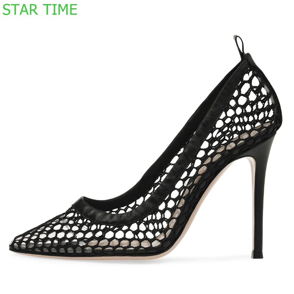 

Black Mesh Hollow High Heels 2024 Summer New Casual Pointed Toe Shallow Slip On Shoes Fashion Women Sexy Pumps