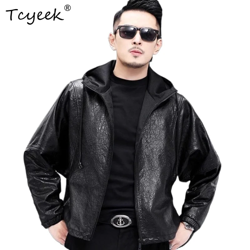 

Tcyeek Мужская куртка из натуральной кожи с капюшоном на весну и осень, модная мужская куртка с лацканами и рукавами «летучая мышь» Куртка Кожаная Мужская 가죽 자켓