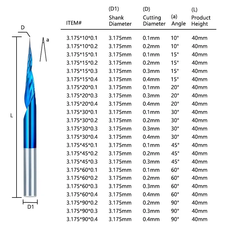 XCAN – mèche de gravure CNC, 1/8 pouces, 4mm, 6mm, tige en carbure, fraise à bois, 15-90 degrés