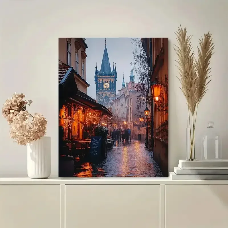 [2D Flat] 1pc Old Prague Cityscape Canvas Painting - Vintage Czech Republic Wall Art with Recycled No Frame, Textured Surface