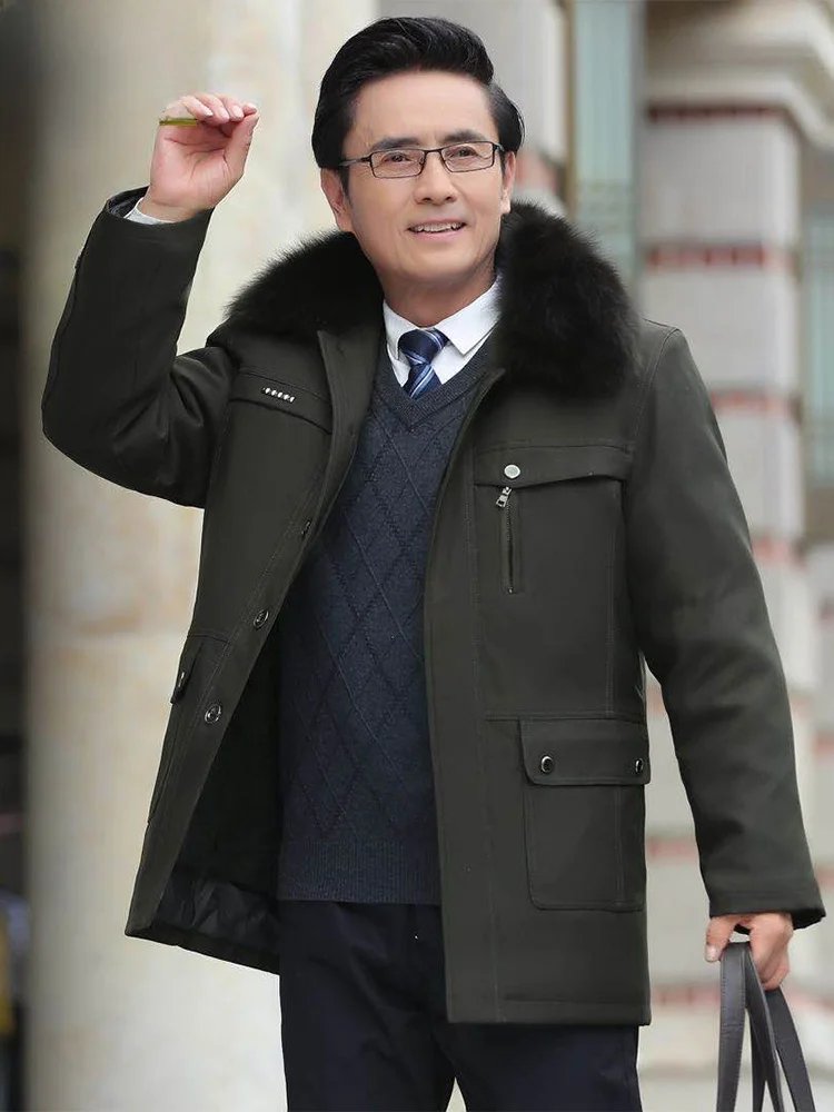 

Утепленная зимняя куртка для мужчин среднего возраста: теплый хлопковый пуховик с меховым воротником, свободный крой, длинный рукав, повседневный стиль