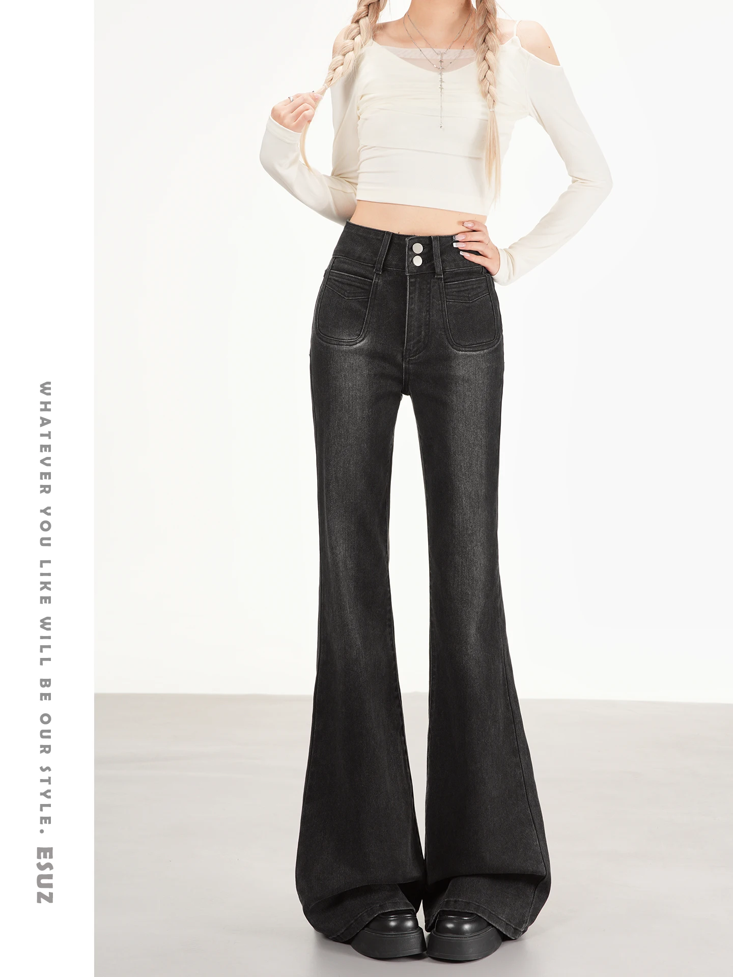 

Offcat High Waist Bell Bottom Jeans Women's Spring New Style Autumn Winter Slim Fit Elastic Bandage Double Buckle Casual Cott...