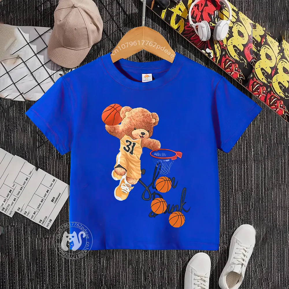 Summer 100% cotton T-shirt for boys and girls Baby Street Dunk Baby Bear pattern teen comfortable casual top Cotton T-shirt top