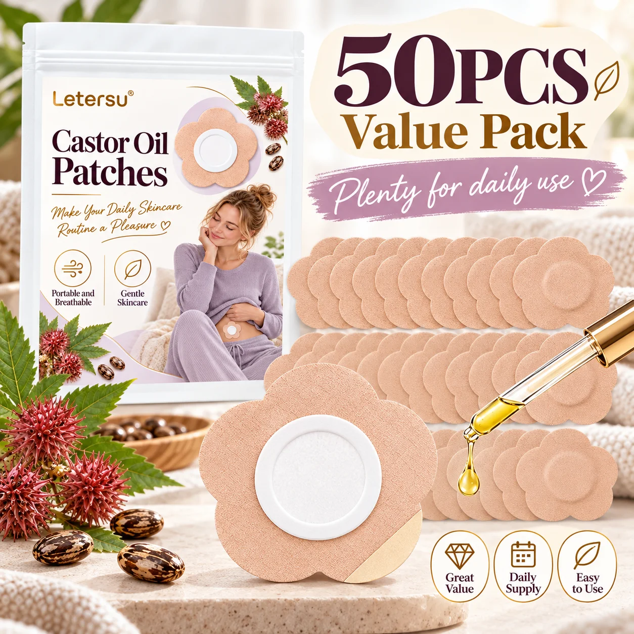 50PCS Castor Oil Patches for Belly, Flower Shape Body Care Pads, Breathable Comfortable Skin Patches for Daily Skincare