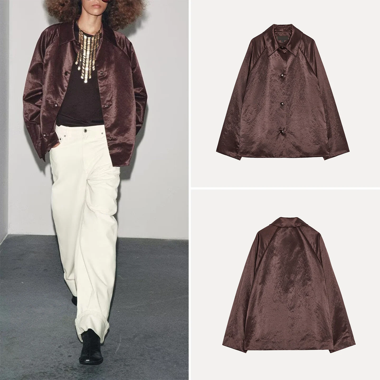 

Ele Satin Jaet Outerwear for Women Sli Autumn 2025 Z Stand Fit ort Coat Velvet Material Ladies Faion