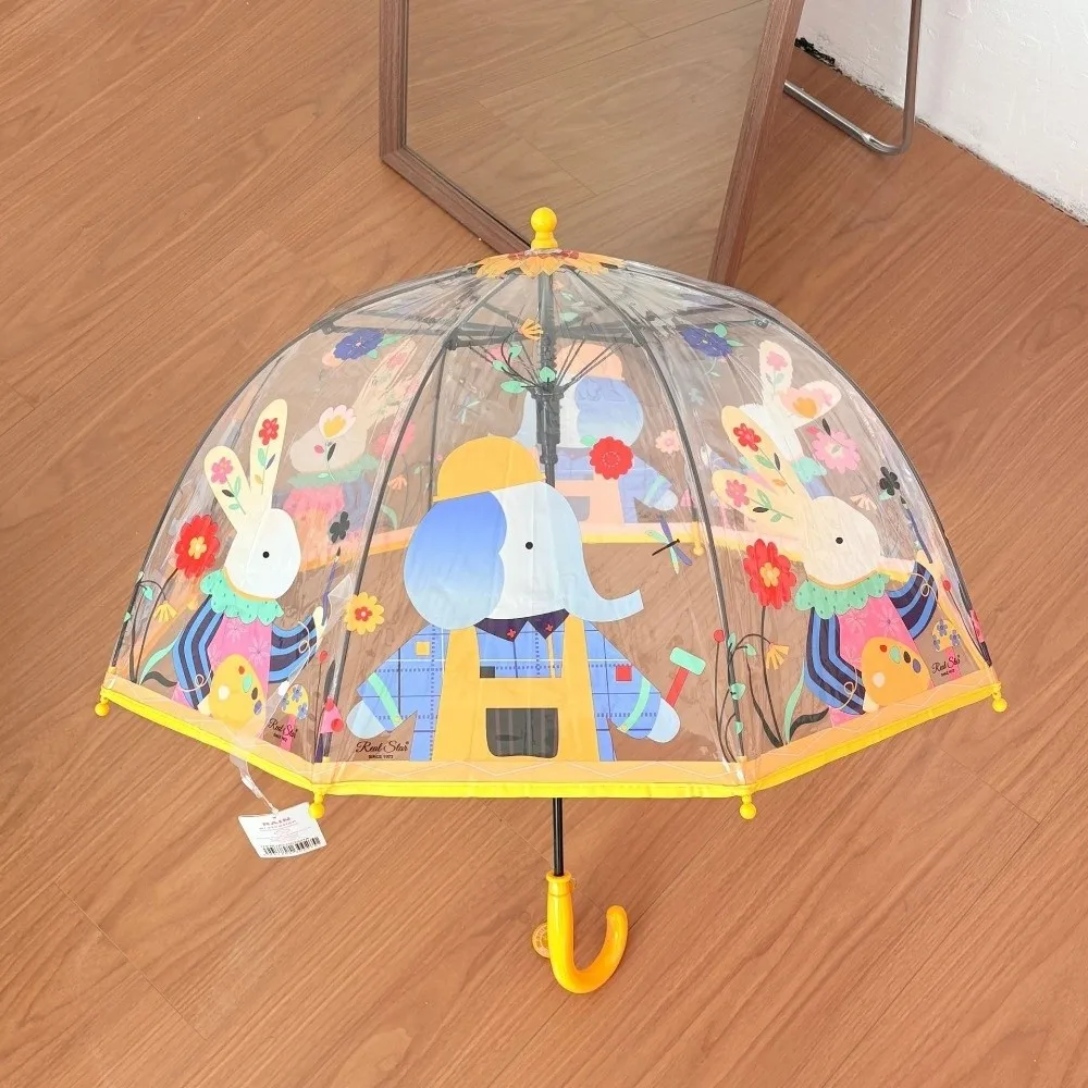 Lightweight Transparent Dome Umbrella Cartoon Animals Easy Grip Hook Long Handle Umbrella Non-Slip Grip Umbrella Toddlers