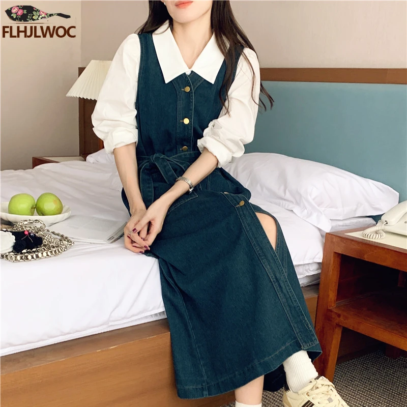 Denim Dresses New Design Woman Casual Cute Sweet Korea Chic Style Girls Retro Vintage Cotton Jeans Blue Long Denim Shirt Dress