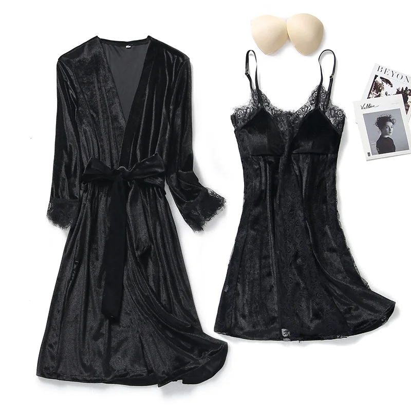 Autumn Winter Velvet Twinset Robe Set Women Sleepwear Sexy Patchwork Lace Nightgown Kimono Bathrobe Gown Loose Velour Home Dress