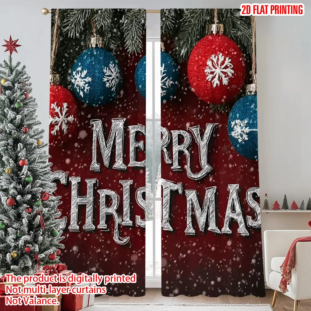 

2pcs 2D flat printing Christmas Party Curtain red Christmas Polyester Without Electricity Versatile Use for Living Room Outdoor
