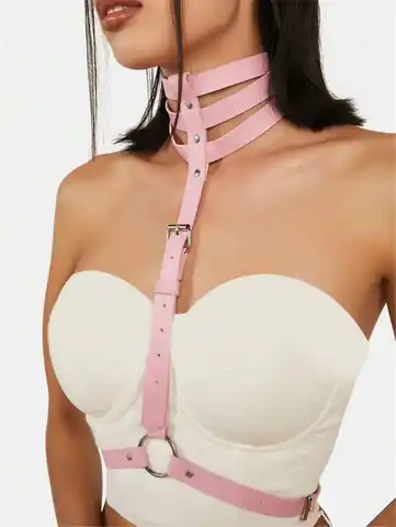 UYEE Women s Pink PU Leather Harness Belt With sexxy Punk Studs Chain Necklace Clothing Accessory