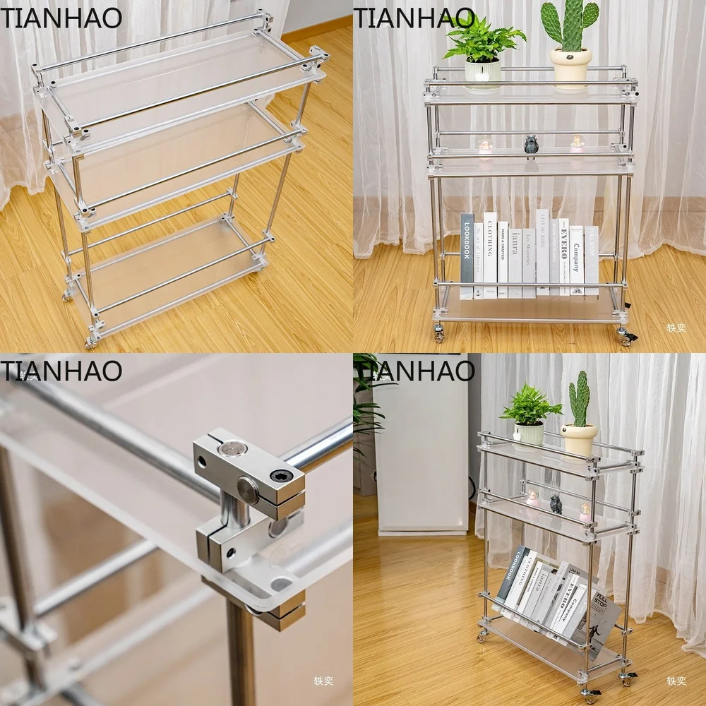 Acrylic Display Shelf Rolling Cart Minimalist Living Room Sofa Side Table Multi Tier Storage and Flower Stand