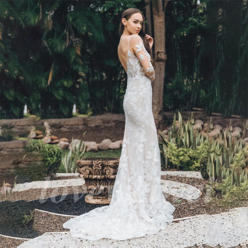 Boho mořská panna svatební šaty dlouhé úplný rukáv svatební šaty pláž bez zad elegantní krajka nášivka svatební gowns vestido de noiva