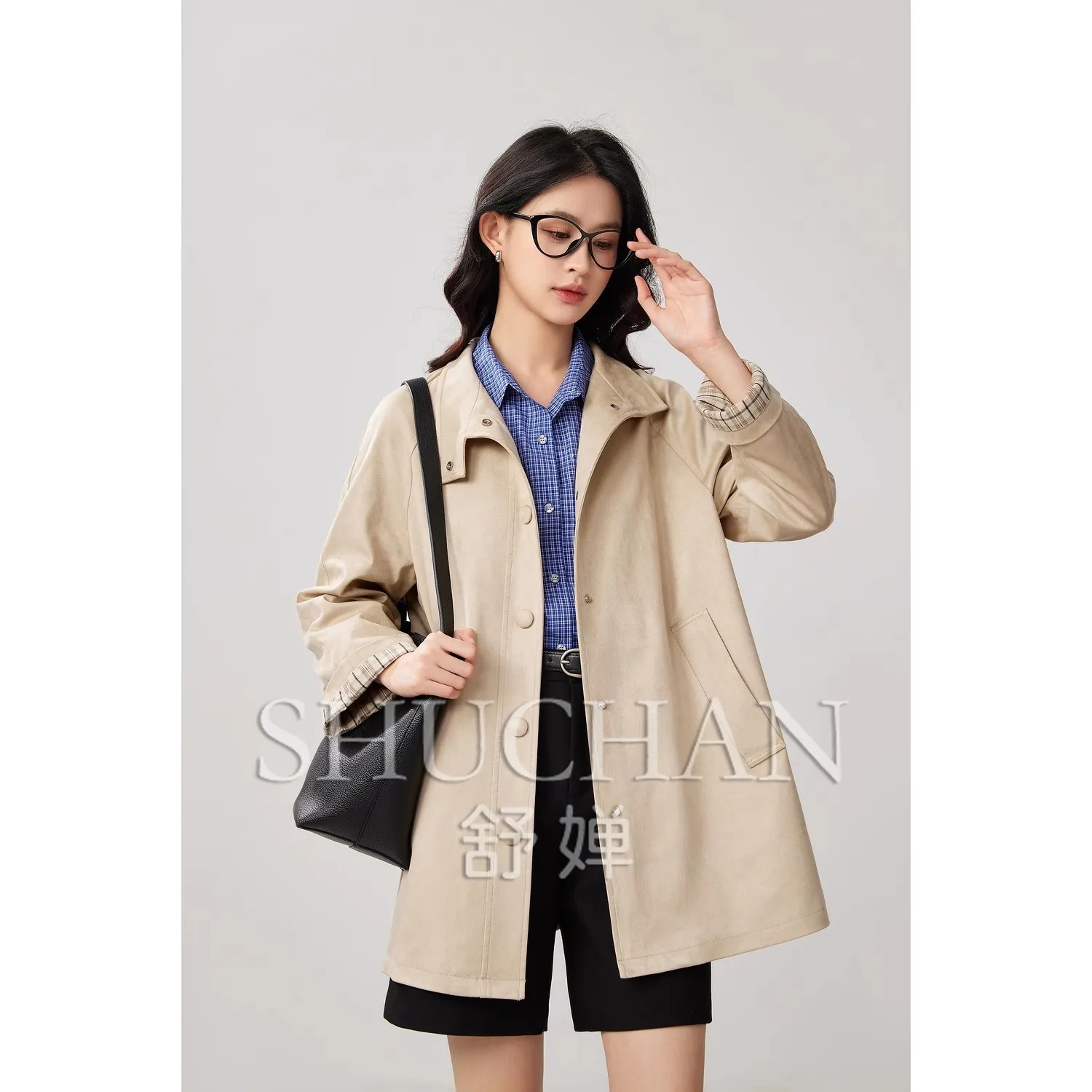 British Retro, Plaid Contrasting Flanged Sleeves, Suede Simple Stand-up Collar Trench Coat Women Casaco Feminino Inverno 2025