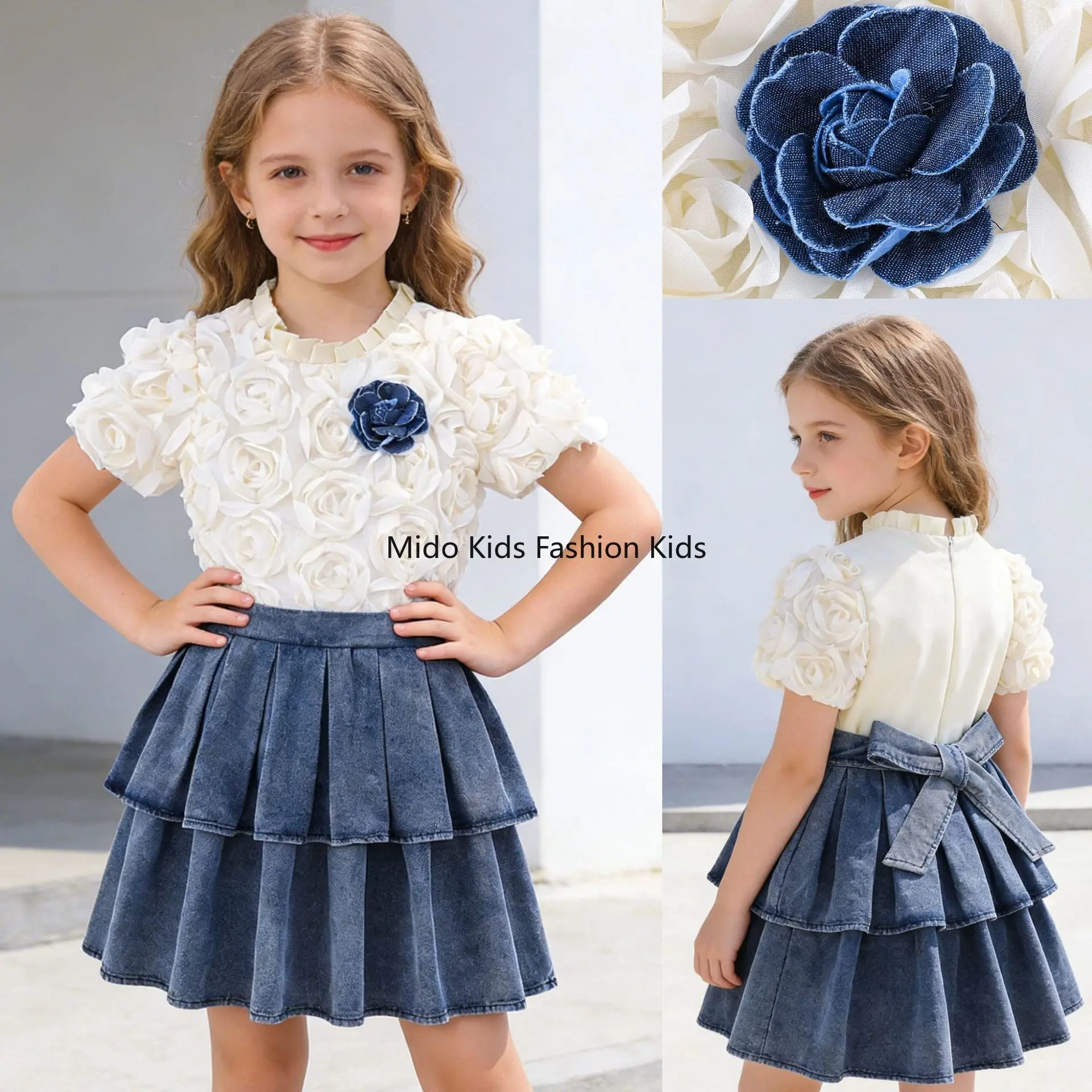 

2026 Summer Girls 3D Floral Short Sleeve Denim Bow Layered Cake Dress Korean Style Princess Dress Kids Clothing for