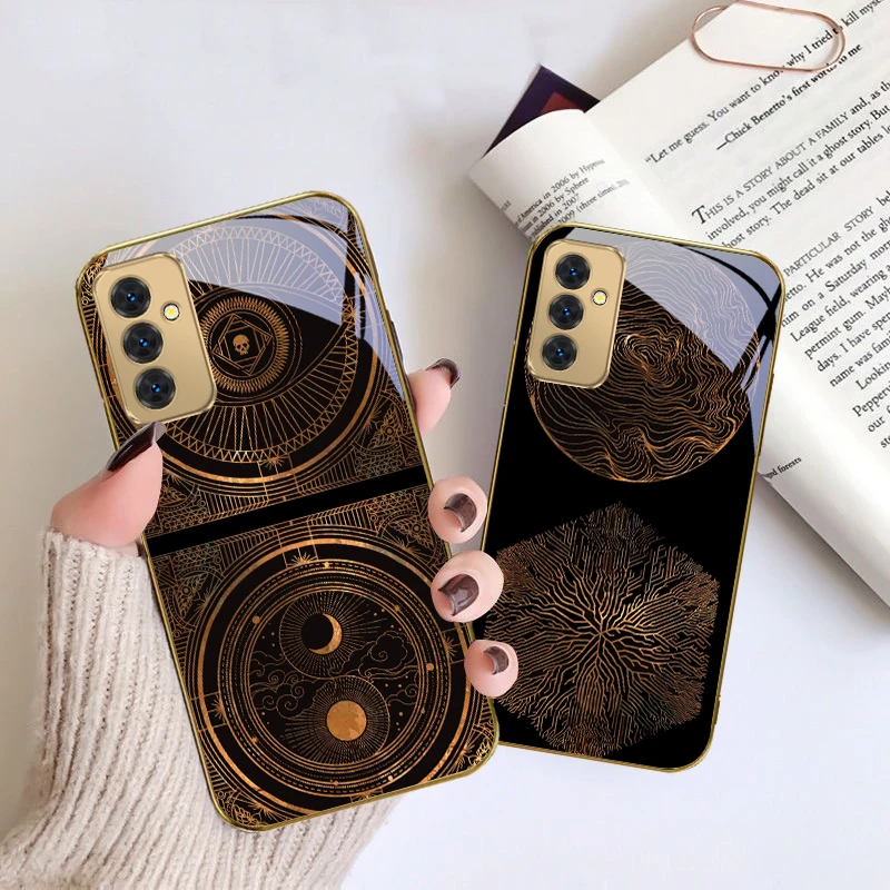 Goldene geometrische Linien für Samsung Galaxy S 21 S22 S23 Plus S24 Ultra S20 FE 25 Ultra S21+ S9+ 22Plus Goldene Glas-Telefonhülle