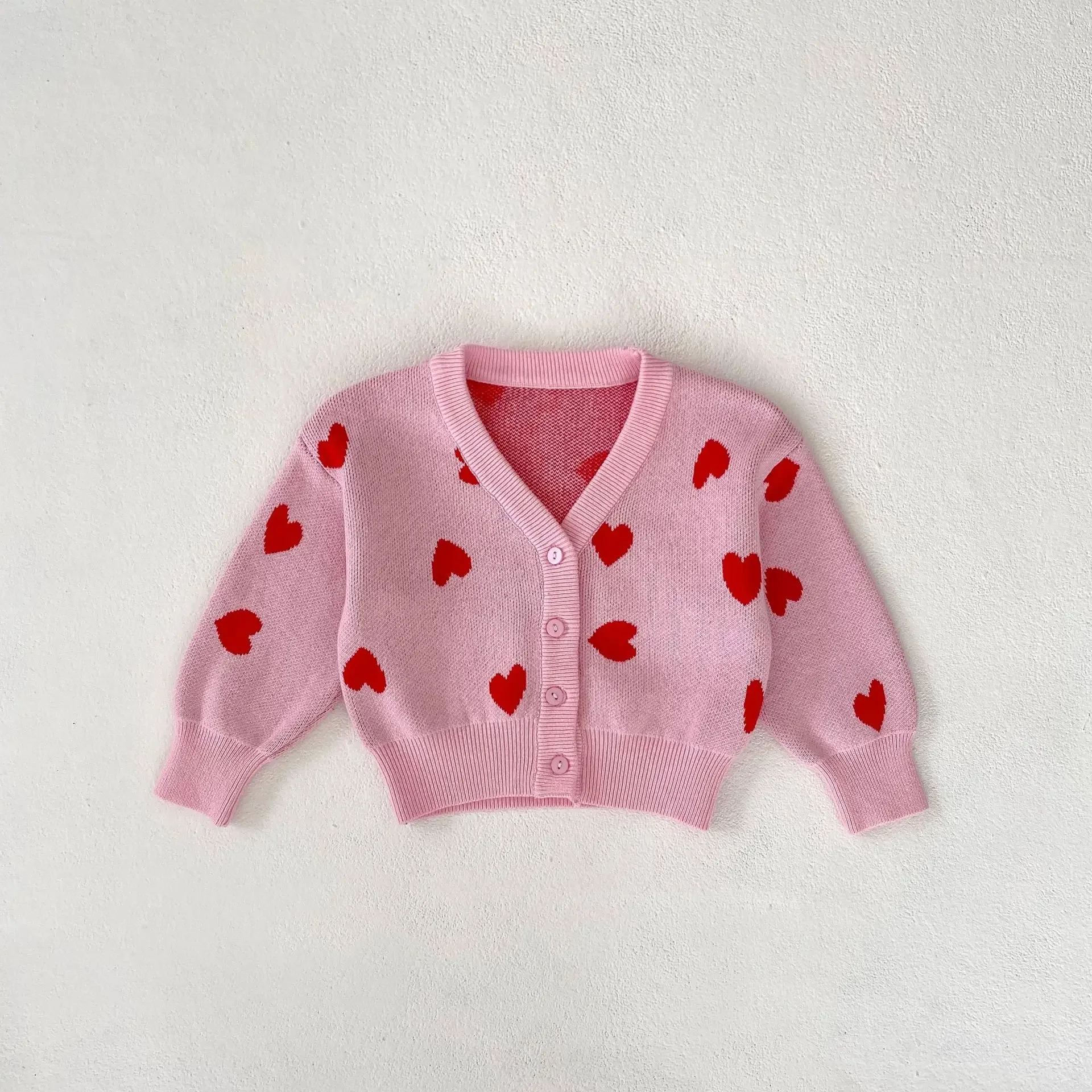 Baby Clothing Girls Sweater 2023 Autumn Baby Girls Pink Heart Big V-neck Knitted Coat Cardigan Cute Casual Warm Kids Sweater