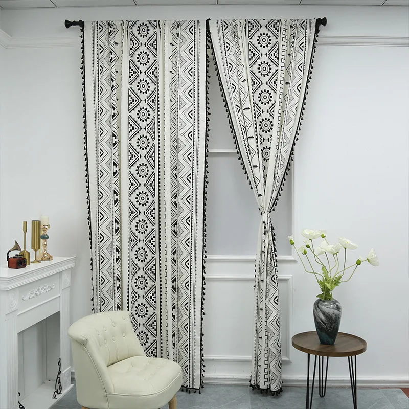 

Curtain Black and White Geometric Window Curtain Bohemian Style Living Room Shading Treatment for Bedroom Rod Pocket 2 Drapes