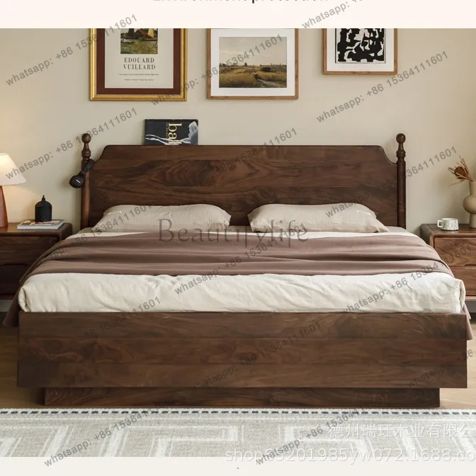 Factory Direct Sales North American Black Walnut All Solid Wood High Box Bed Medium Ancient Air Pressure Suspension Bed