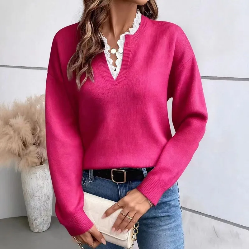 Women's Lace V-neck Long Sleeve Knitted Sweater Autumn Winter Warm Fashionable Solid Loose Knitwear for Women