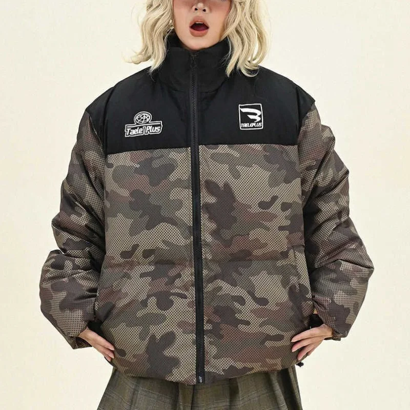 

Trendy American Style Stand Collar Bread Jacket Camouflage Spliced Cotton Padded Coats Winter Thick Loose Warm Parkas for Women