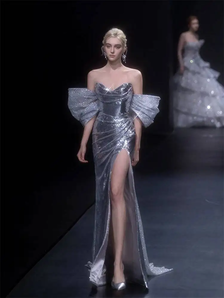 Silver Sequined Evening Dress With Off-shoulder Design, Ultra-sparkling, Slit Mermaid Skirt, Elegant And Luxurious, Suitable For
