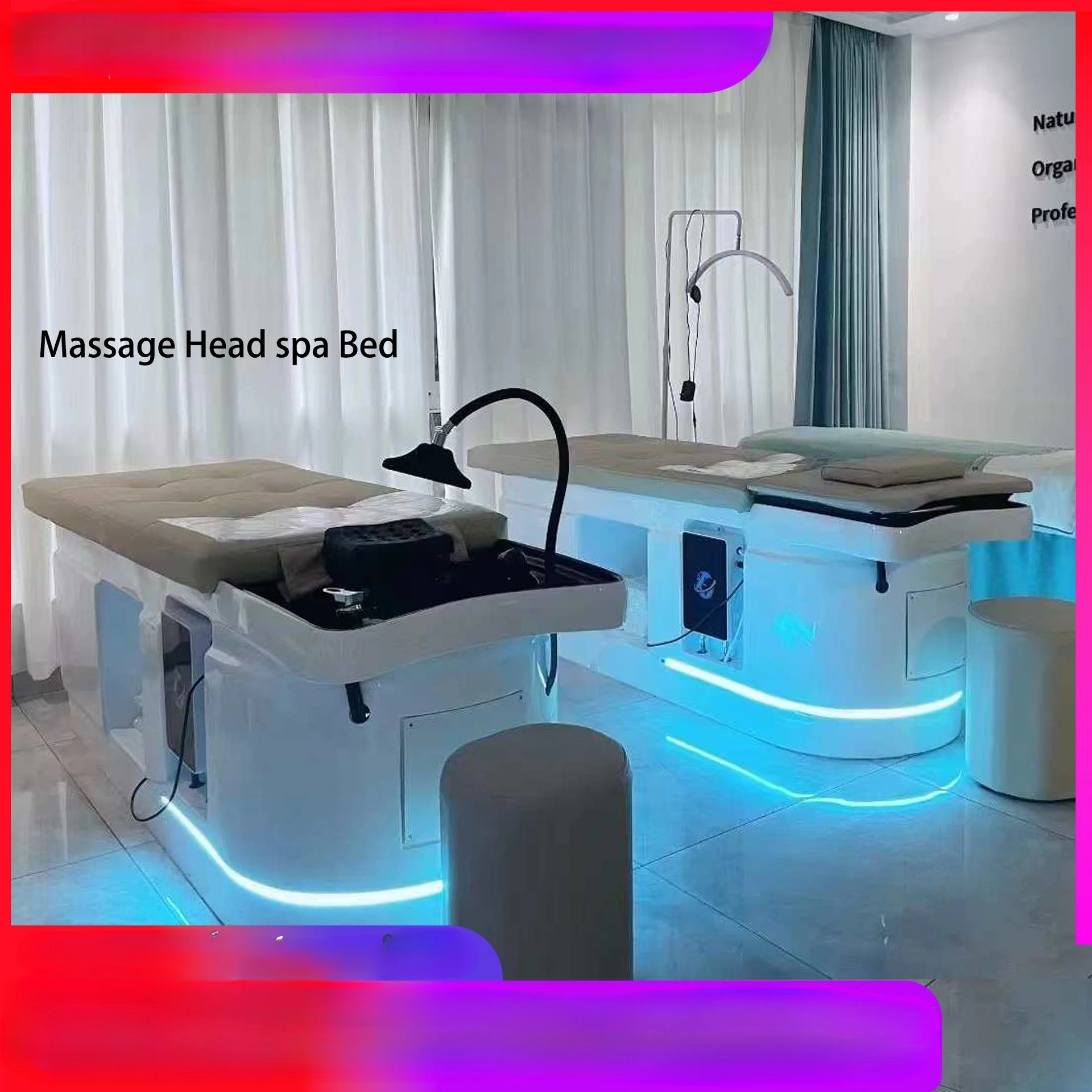 Cama de lavado de cabello de alta gama con terapia capilar, circulación de agua de fibra de vidrio, iluminación ambiental para salones de belleza, wellness y cuidado capilar.