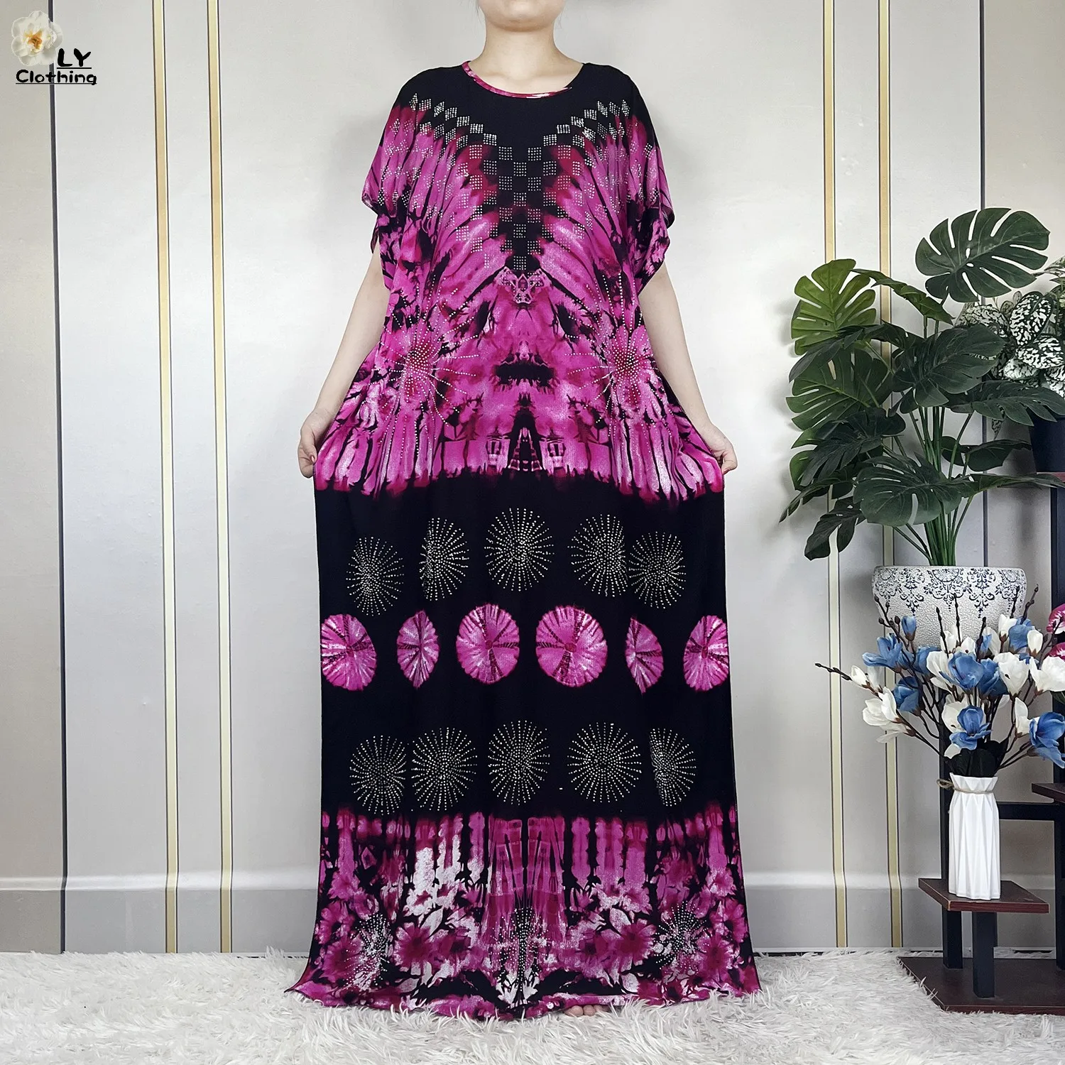 2023 New African Abaya Lady Short Sleeve Dress With Big Lace Scarf Cotton Printing Tie-dyed Maxi Islam Women Summer Loose Robe