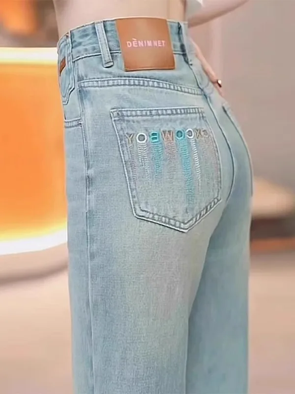 High Waist Straight Leg Embroidered Jeans Women's Slim Fit Light Blue Wide Leg Pants Spring Autumn New Style Korean Version