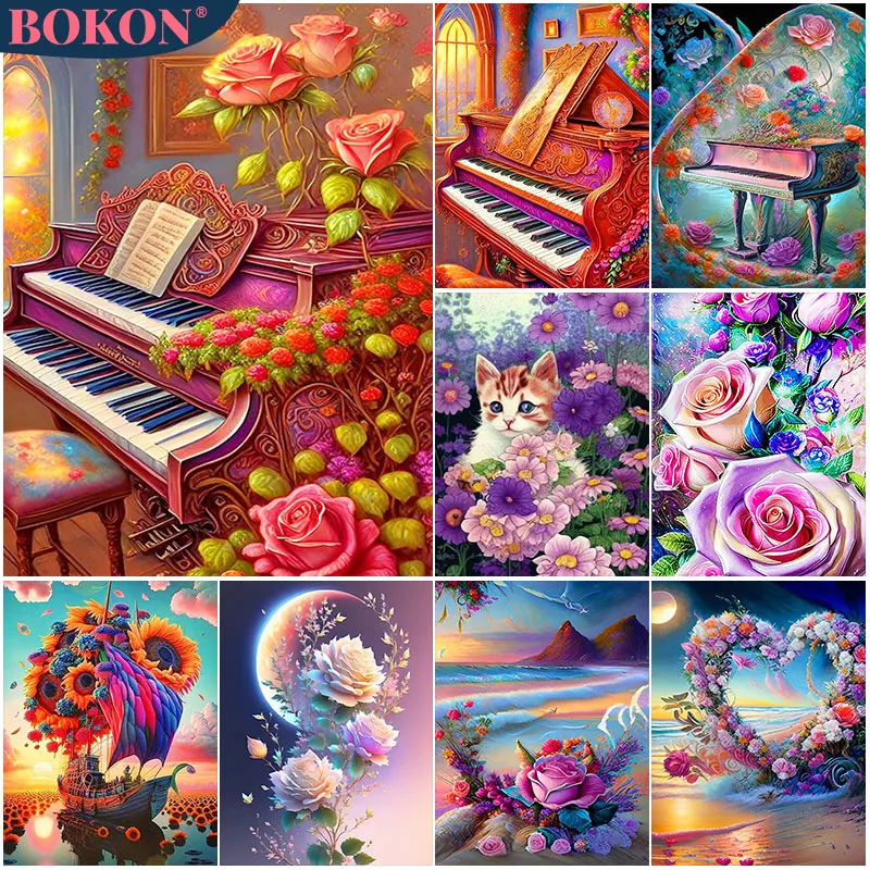 

Scenery 5D Diamond Painting Beach Flower Piano Cat Full Diamond Mosaic Diamond Embroidery Kit DIY Rhinestone Home Art Decoration