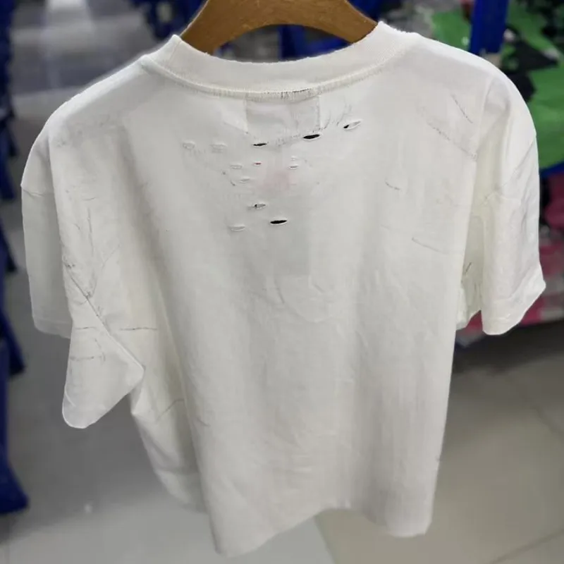 Summer Men Women Oversized SATOSHI Tshirts Destroyed Luke Print Pattern Washed Worn Distressed Collar Short Sleeve Streetwear