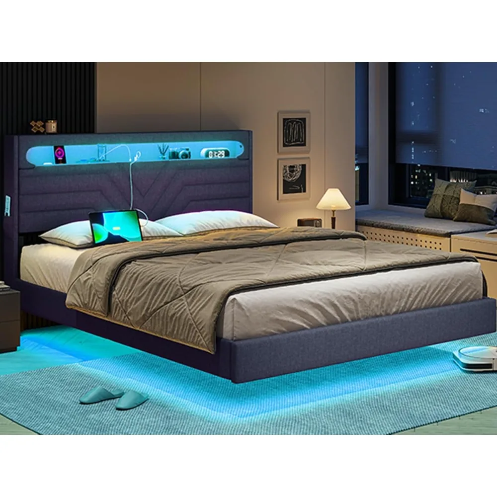 Luxe platformbed met linnen bekleed met RGB LED-hoofdeinde, USB-C/A-oplaadpoorten en opberghoofdeinde