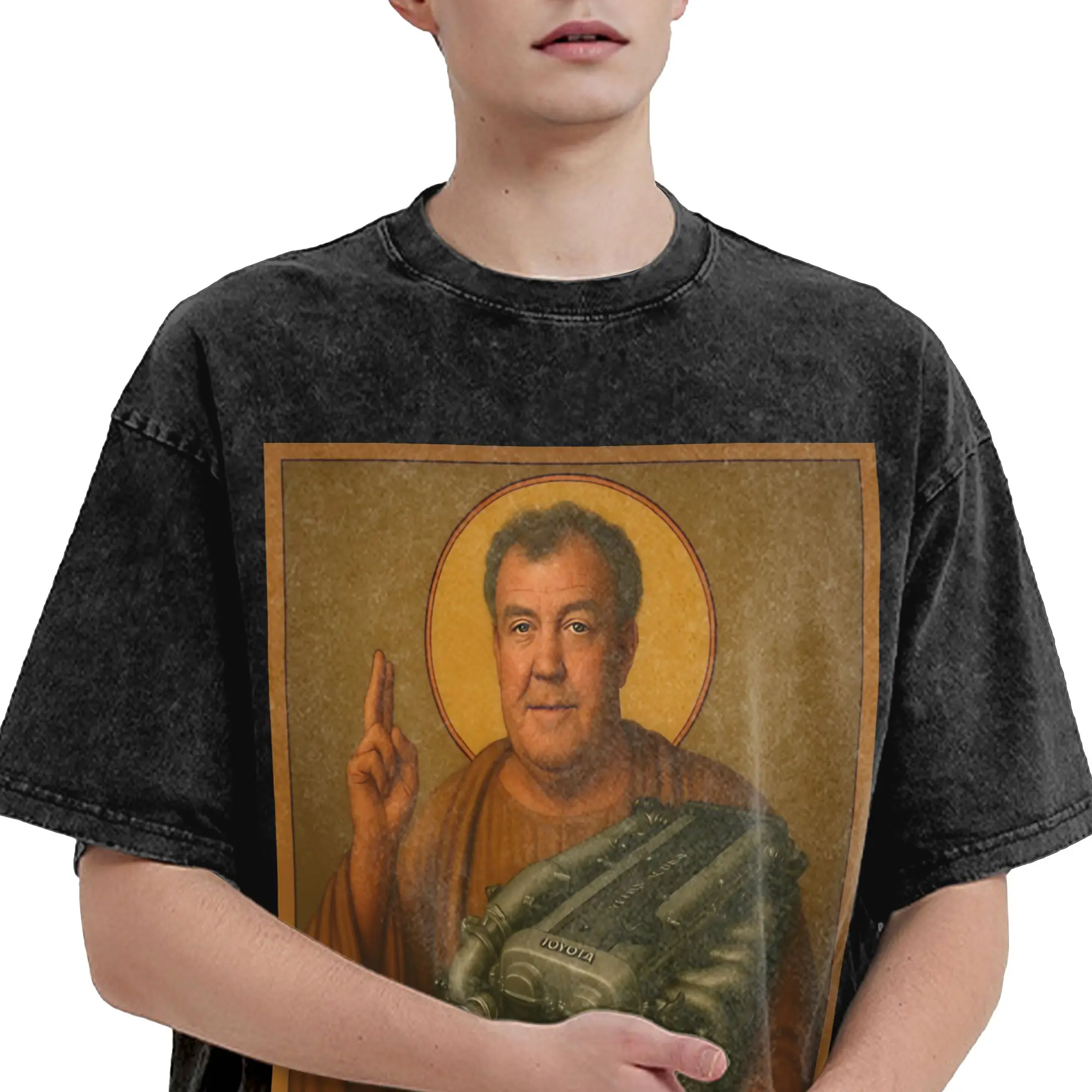 Saint Clarkson Save us from EVs Jeremy Clarkson T Shirts Hip Hop Washed Short Sleeve T-Shirts  Novelty for Men Women Streetwear