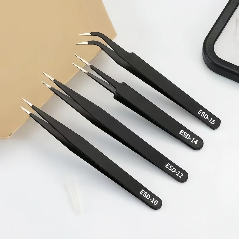 مجموعة ملاقط مضادة للكهرباء الساكنة ESD دقيقة الانحناء لعام 2025 للإصلاح والعملية الإلكترونية - أدوات من الفولاذ المقاوم للصدأ مكونة من 6 قطع #1