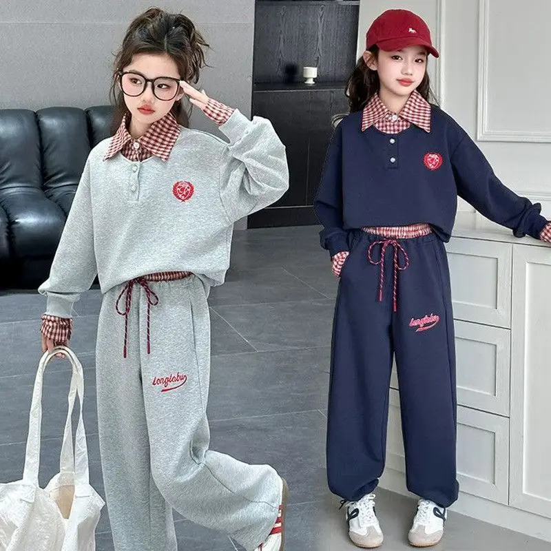 Teenager Girls Plaid Lapel Long Sleeve Set Fashion Tracksuit Autumn Casual Kids Sweatshirt Pants 2pcs Children Suit