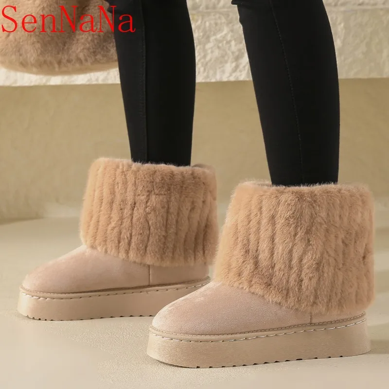 Women Snow Boots Fur Platform Flats Warm Shoes Winter Plush 2024 New Brand Mid Calf Non-Slip Trend Suede Thick Mujer Zapatos