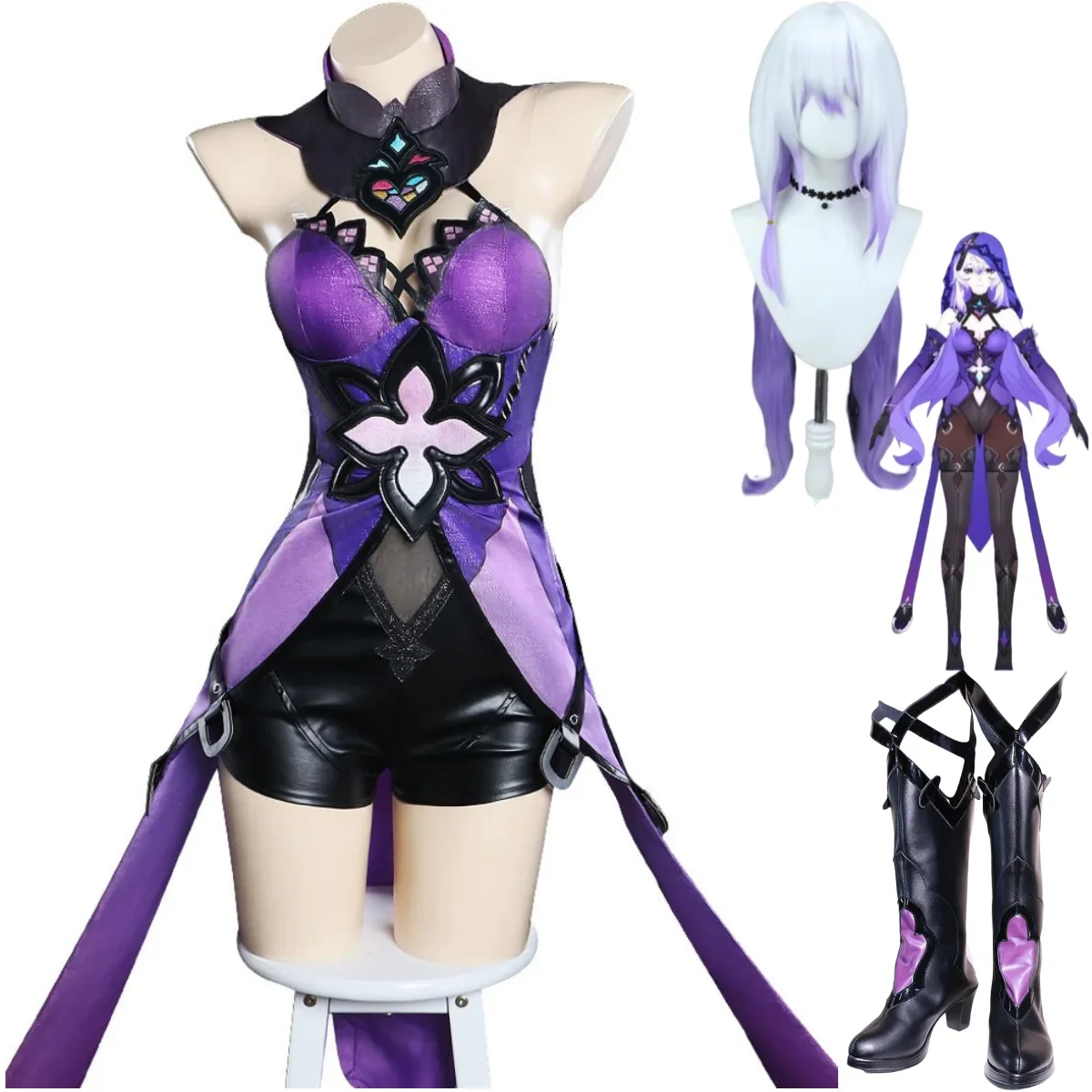 Anime Game Honkai: Star Rail Black Swan Cosplay Costume Forgotten Hall Fortune Teller Seer Wig Dress Boot Woman Sexy Party Suit