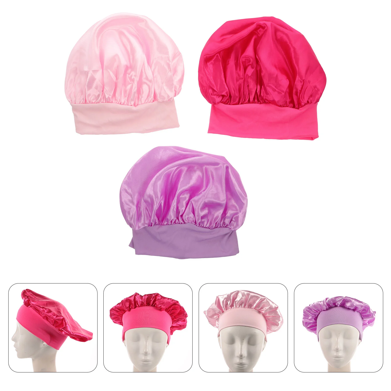 

3pcs Elastic Caps Candy Color Comfortable Breathable Wide Brim Night Hat for Kids (Rosy Light Purple)