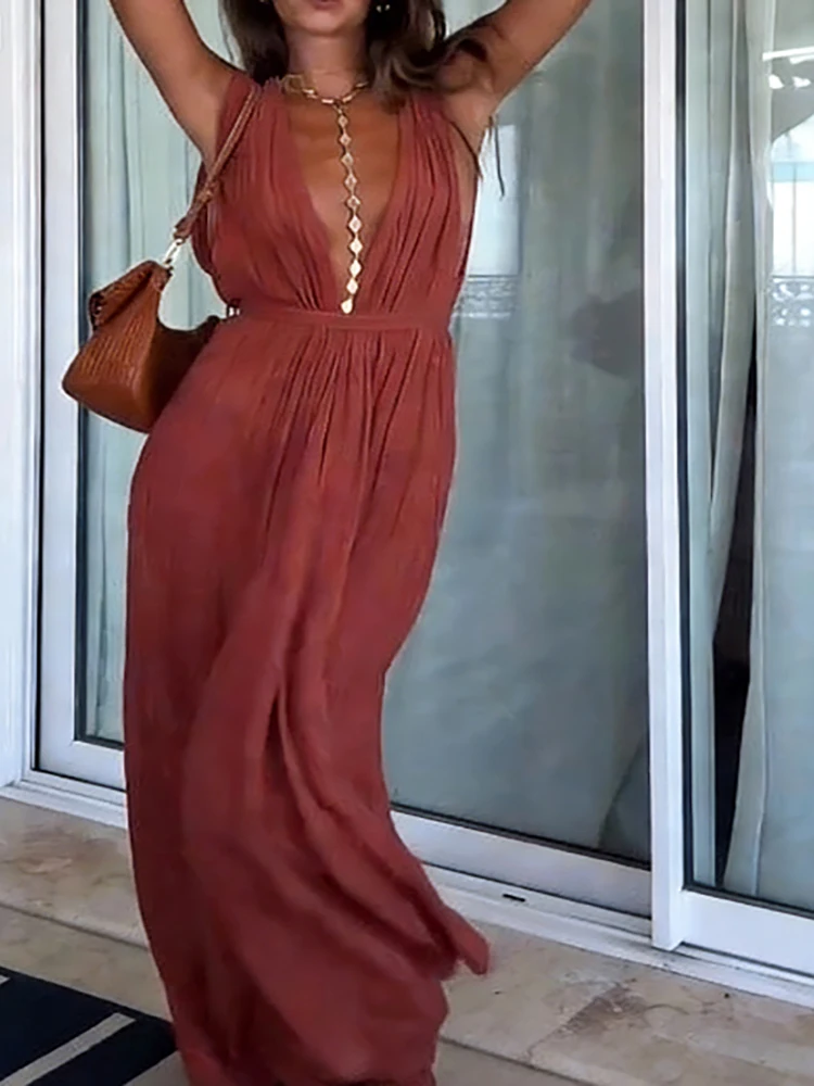 Barboteuse de plage plissée, décontractée, décontractée, décolleté en V profond, sans manches, ample, Simple, couleur unie, taille à lacets, combinaison pour femmes, été