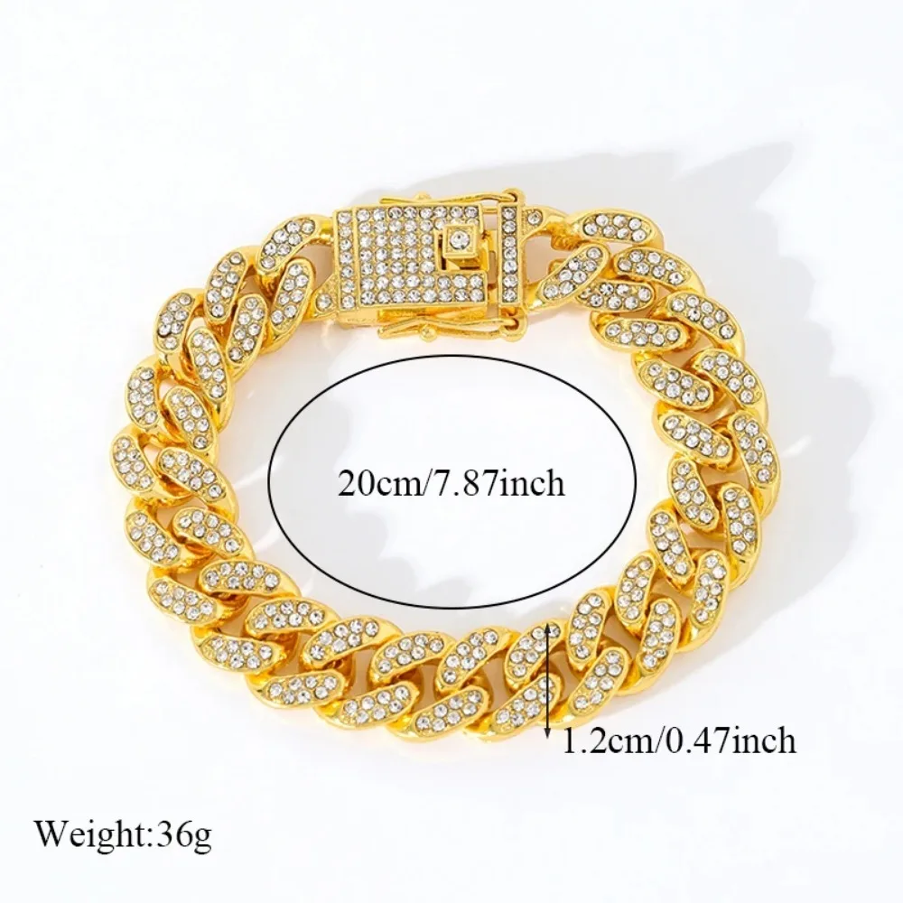 Hip Hop Miami Link Chain Gold Bracelet Clear Crystal Stone Fold Over Closure Big Chain Bracelet For Men Personlity Accessory