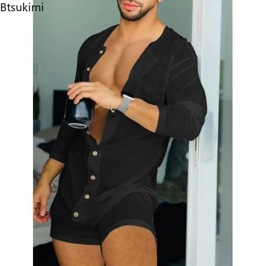 

New 2025 Men's Pajamas Rompers Solid Color Tight O Neck Long Sleeve Button Onesies Sexy Short Breathable Men Homewear Pajamas