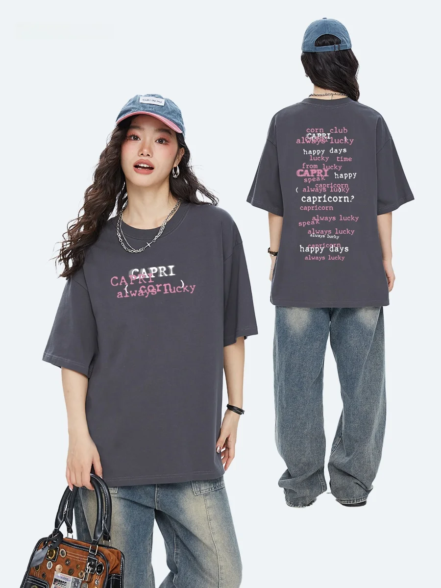

Capricorn Retro Streetwear Pure Cotton Short Sleeve Women's T-shirt Summer New Style Trendy Brand Couple Inner Wear Half Slee...